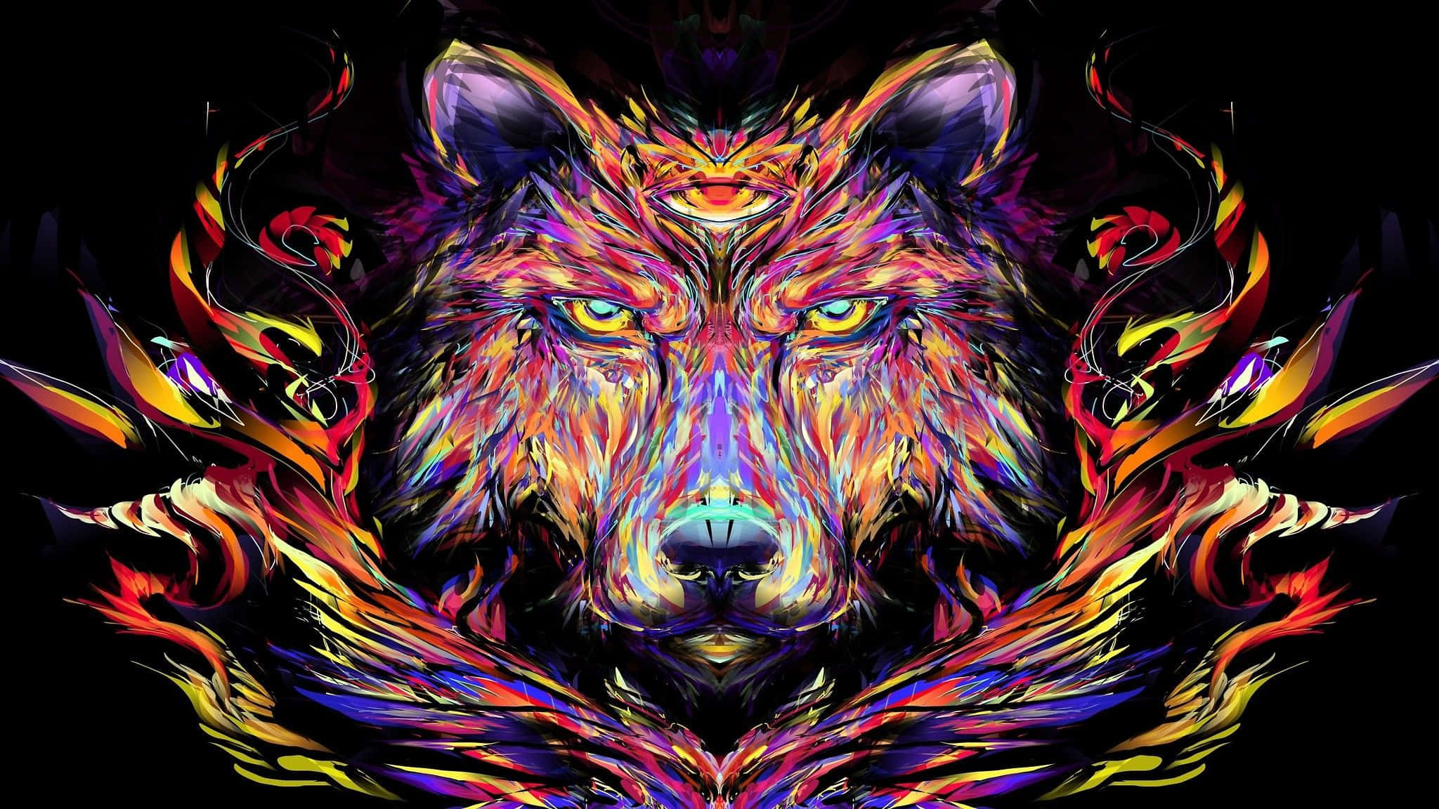 Rainbow Wolf 桌布 壁紙 — 一隻對稱的數位藝術狼，擁有發光的眼睛和火焰般的多色毛皮，背景為黑色。