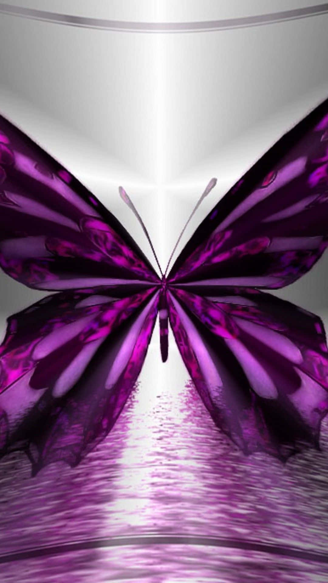Cute Purple Butterfly 桌布 壁紙 — 一隻對稱的紫色蝴蝶，帶有彩虹色翅膀，在金屬銀色背景上漂浮於漣漪水面上方。