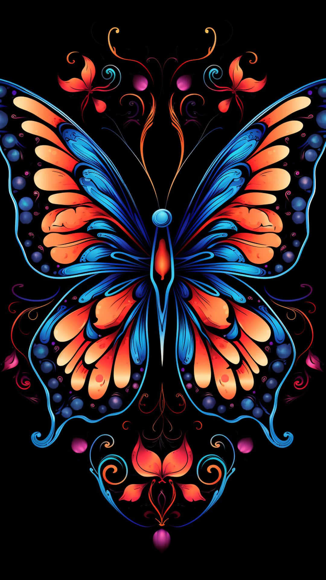 butterfly art desing  AI 壁紙 — 一隻對稱的蝴蝶，帶有火橙色和電光藍色的翅膀，飾以旋轉花卉圖案，背景為黑色。