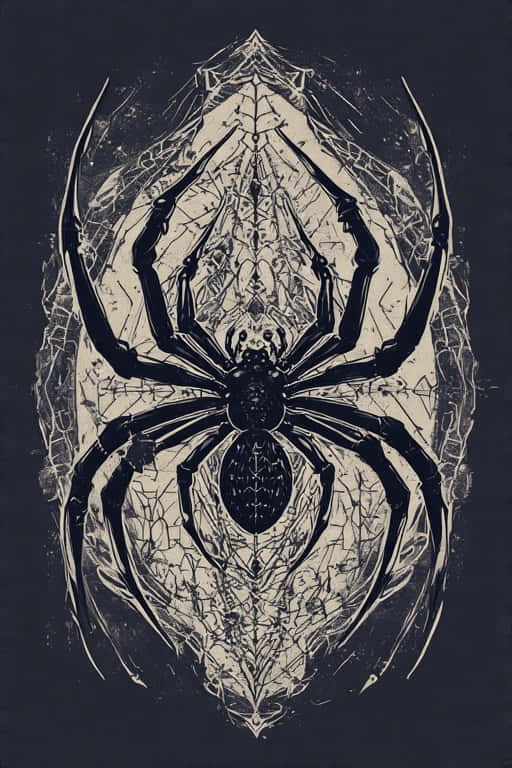Elegant Arachnid Spider 4K 壁紙 — 一隻對稱的黑色蜘蛛，帶有複雜的蜘蛛網圖案，從中心向深海軍藍背景輻射。