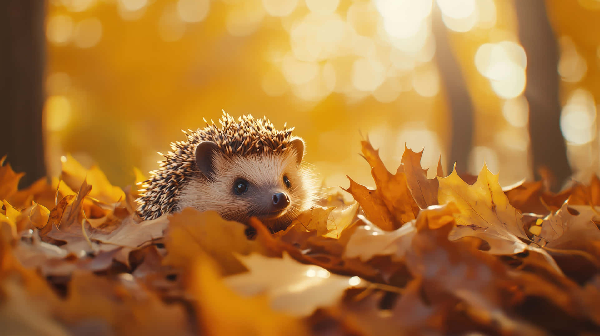 Adorable Hedgehog Nestled in Golden Autumn Leaves 壁紙 — 一隻小刺蝟在溫暖的陽光下，從金黃色的秋葉堆中好奇地探出頭來。