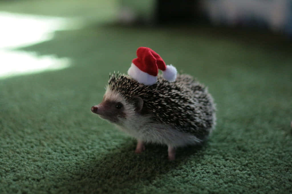 Cute Hedgehog 桌布 壁紙 — 一隻小刺蝟戴著紅色聖誕帽，站在綠色地毯上，柔和自然光線中。