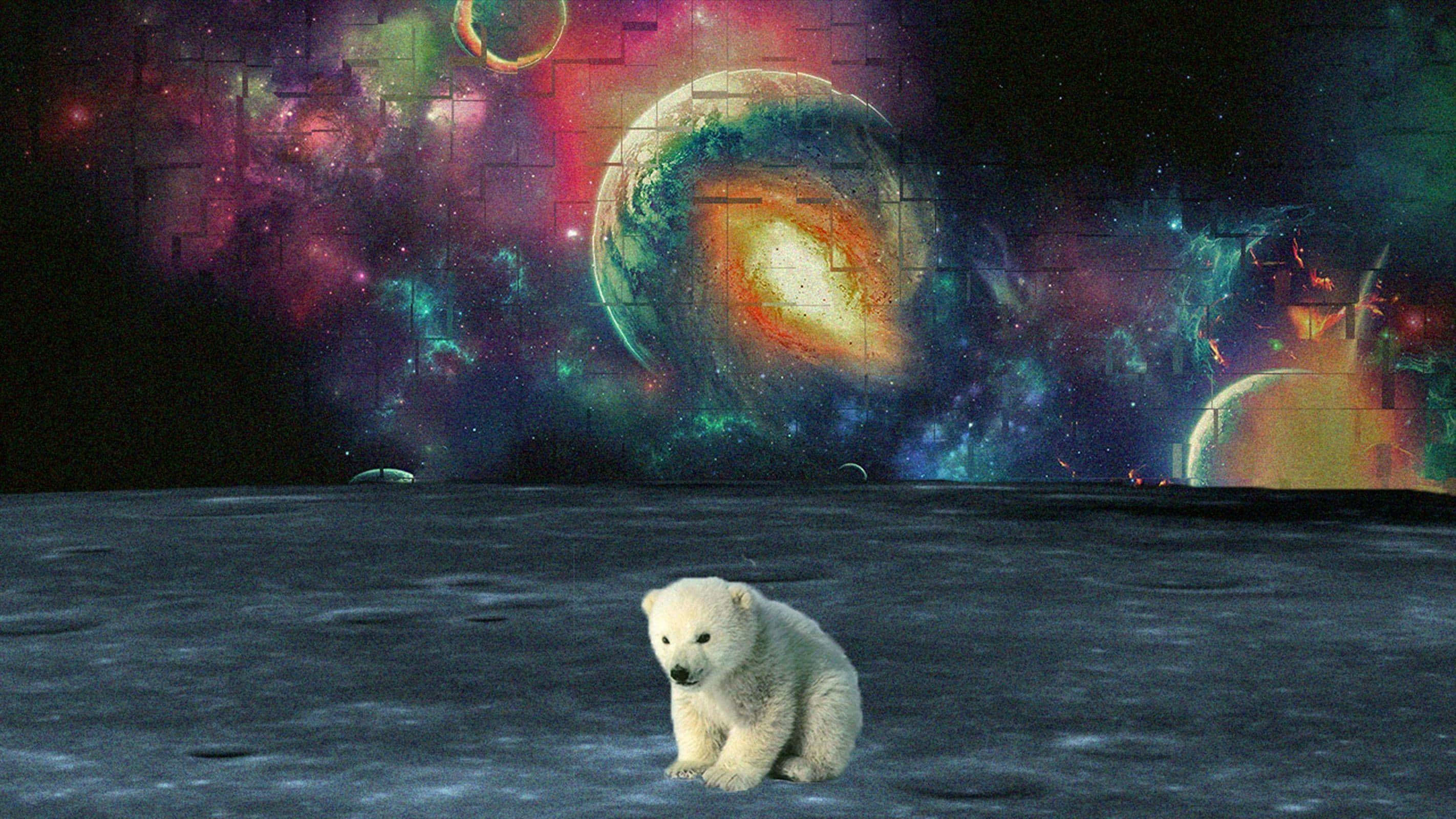 太空 桌布 壁紙 — 一隻小北極熊獨自坐在月球般的表面上，面對著充滿旋轉星系和發光行星的充滿活力的宇宙星雲。