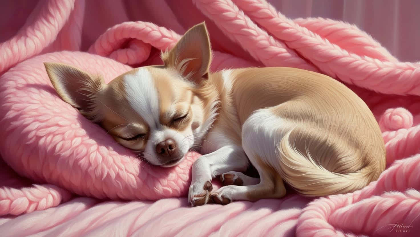 Sleeping Chihuahua 壁紙 — 一隻小型的吉娃娃，毛色為棕褐色和白色，蜷縮在柔軟的粉紅色針織毯上睡覺。
