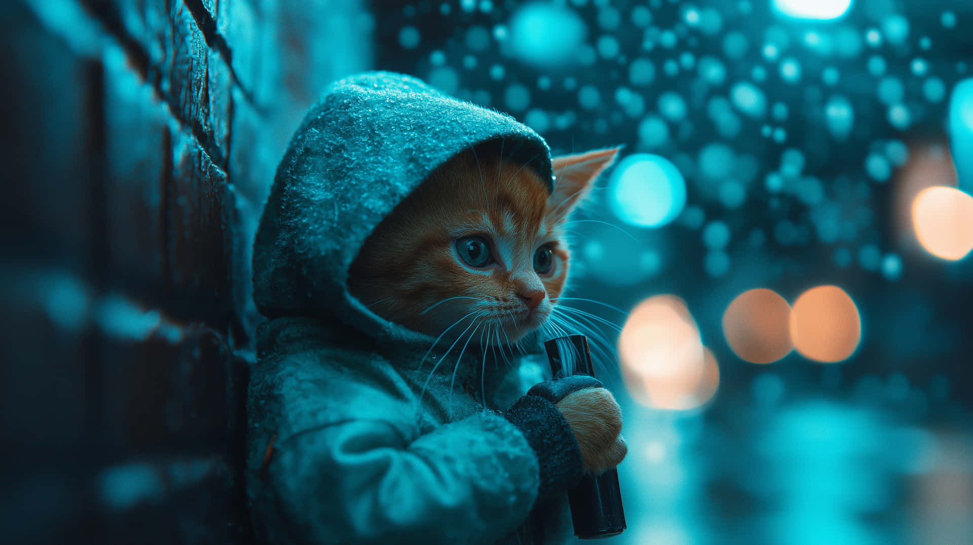 Cute kitten in hoodie in rainy urban setting at night 壁紙 — 一隻小小的橙色小貓穿著連帽外套，在閃爍的城市燈光下，在濕漉漉的磚牆上緊握一支手電筒。