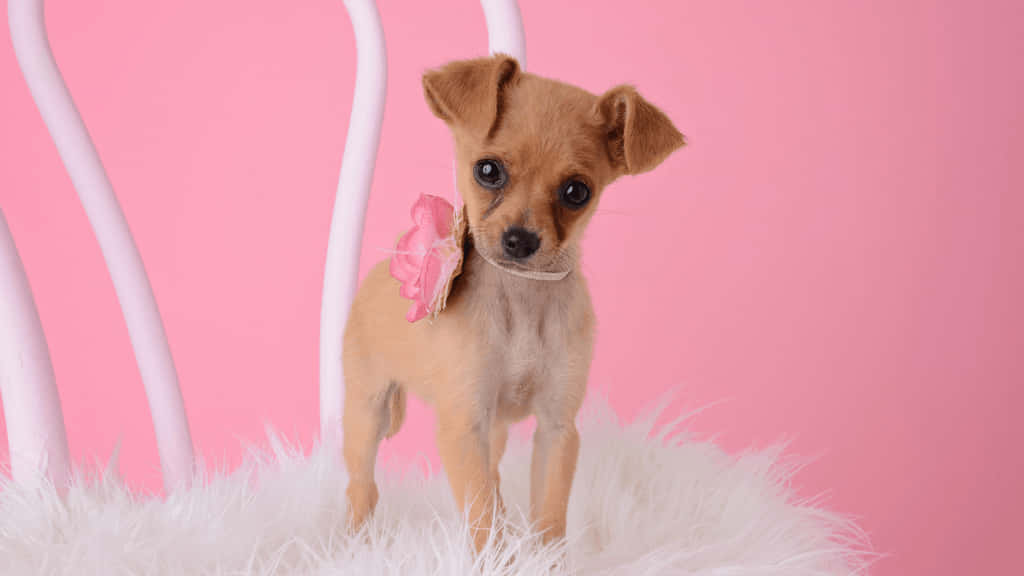 Teacup Chihuahua 桌布 壁紙 — 一隻小小的淺褐色小狗，有著大大的黑色眼睛，站在柔軟粉紅色背景前的白色毛絨地毯上。