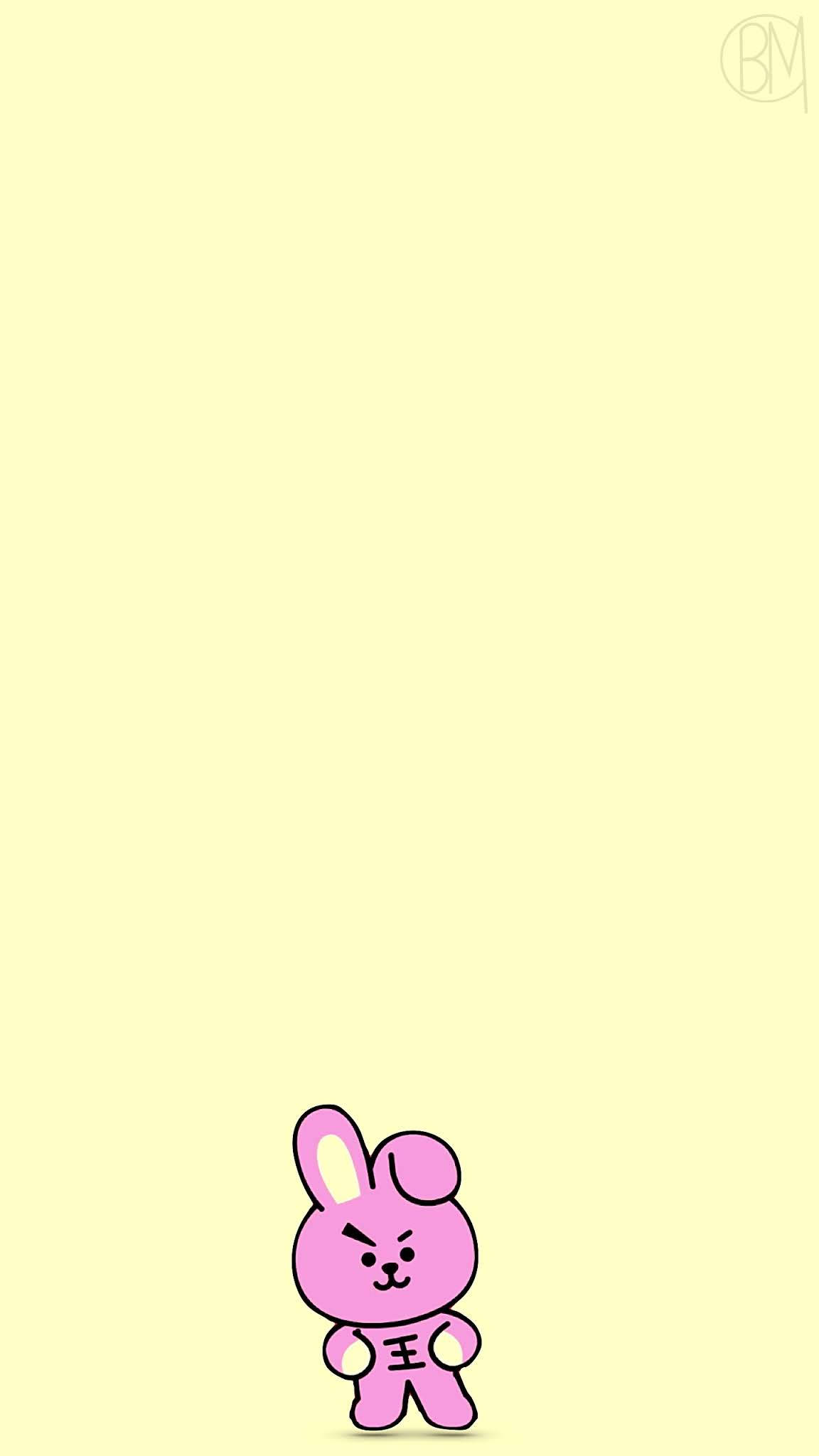 Cooky Bt21 桌布 壁紙 — 一隻小小的粉紅色卡通兔子帶著憤怒的表情，獨自站在淡黃色背景前。