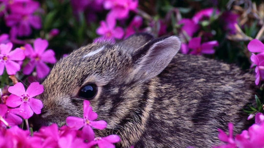 花 桌布 壁紙 — 一隻小棕色兔子依偎在茂盛花園中充滿活力的粉紅色福祿考花叢中。