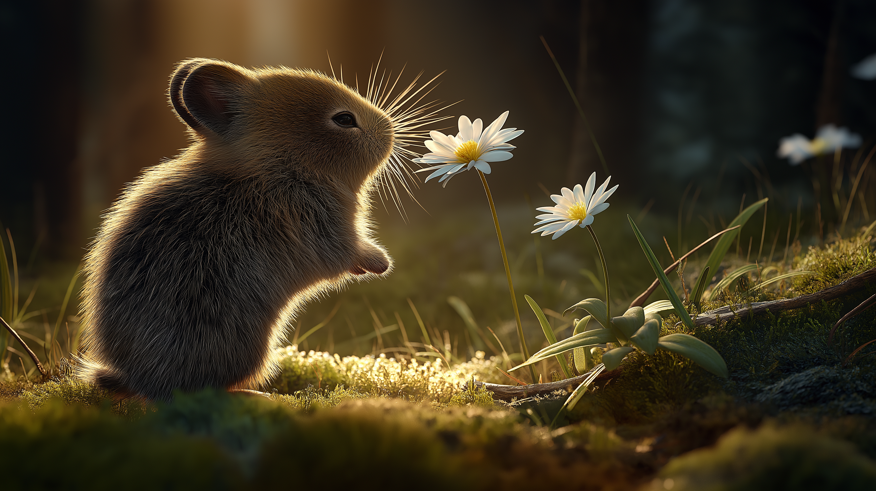 Rodent 桌布 壁紙 — 一隻小棕色老鼠坐在長滿苔蘚的草地上，沐浴在金色的陽光中，輕輕嗅著一朵黃心白雛菊。