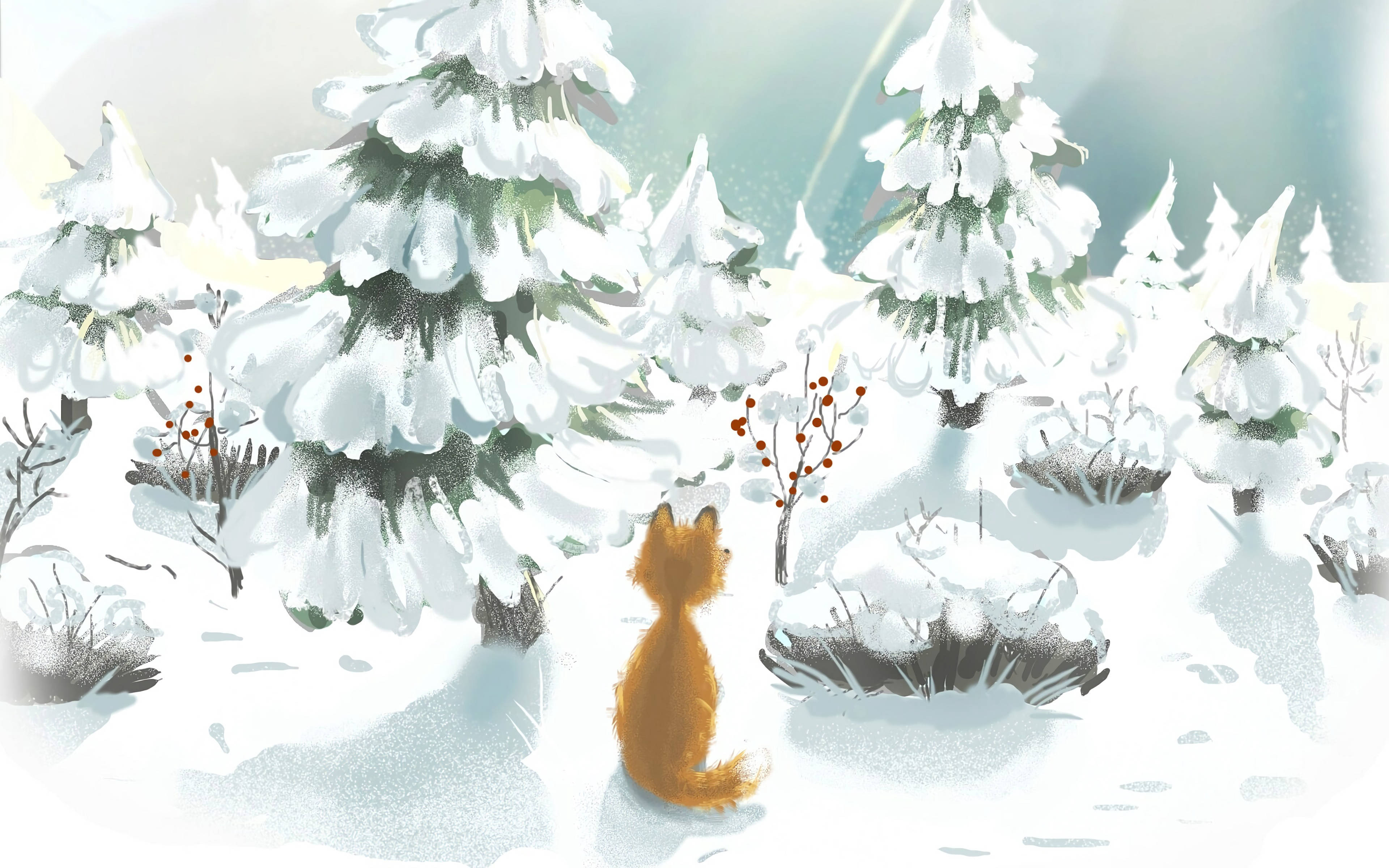 cute kawaii fox 桌布 壁紙 — 一隻小橙色狐狸站在雪地森林中，凝視著在柔和冬日天空下積雪的松樹。