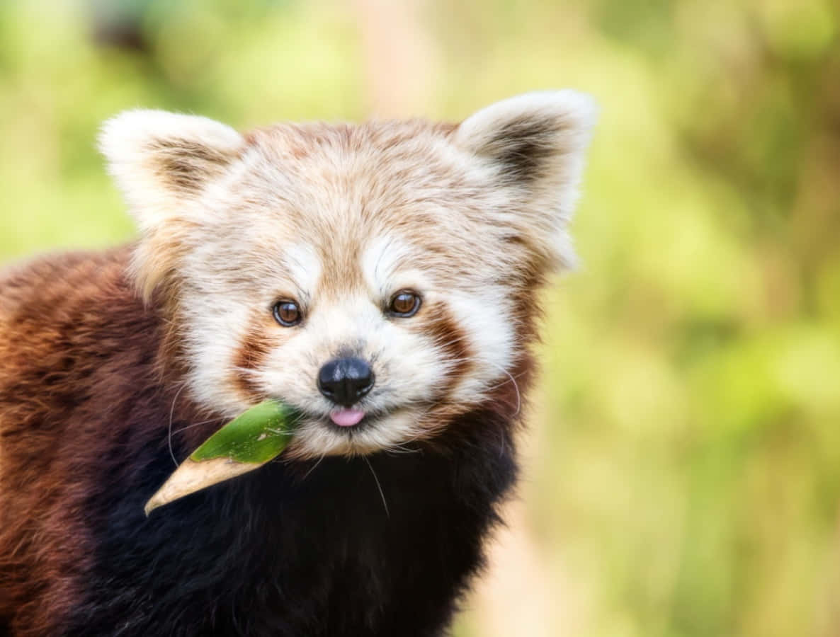動物 桌布 壁紙 — 一隻小熊貓嘴裡叼著一片葉子，背景是柔和的綠色模糊背景的特寫。