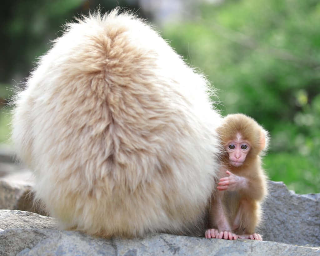 Baby Monkey 桌布 壁紙 — 一隻小猴子緊緊抓住媽媽毛茸茸的背部，牠們一起坐在陽光普照的石頭上。