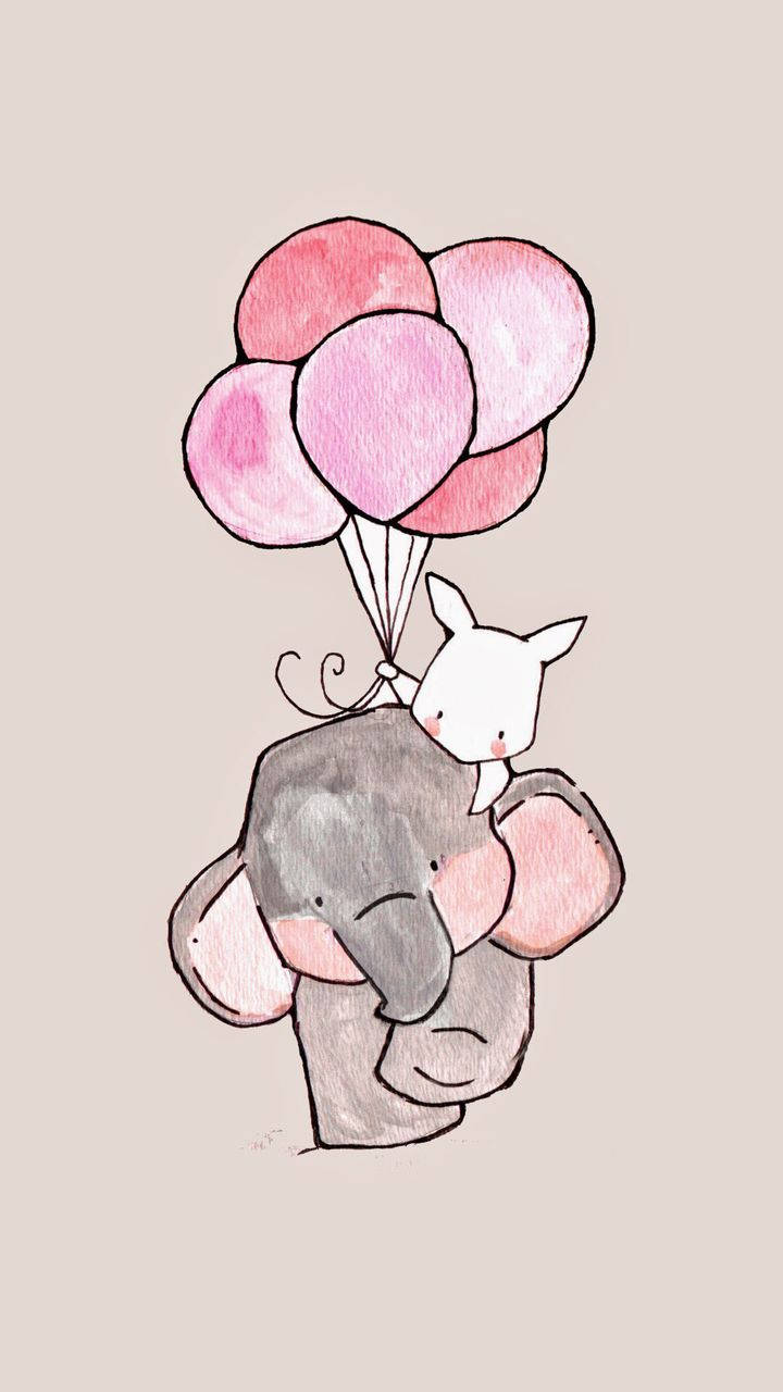 Elephant iPhone 桌布 壁紙 — 一隻小白兔騎在灰色大象的背上，大象拿著粉紅色氣球的可愛水彩插圖。