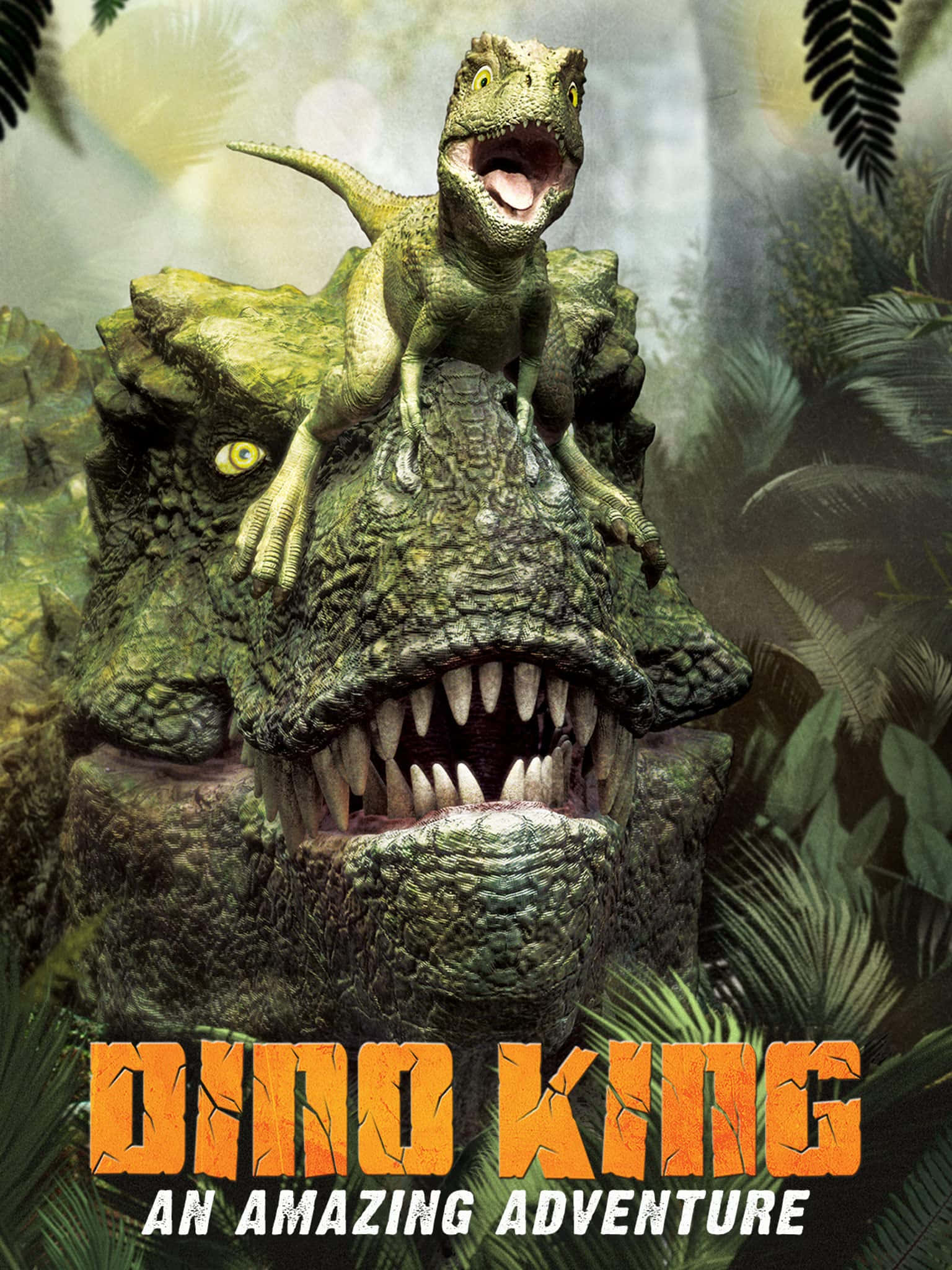Dino 桌布 壁紙 — 一隻小綠色恐龍勝利地棲息在一個巨大恐龍頭部張開的大口之上，周圍是茂密的叢林。