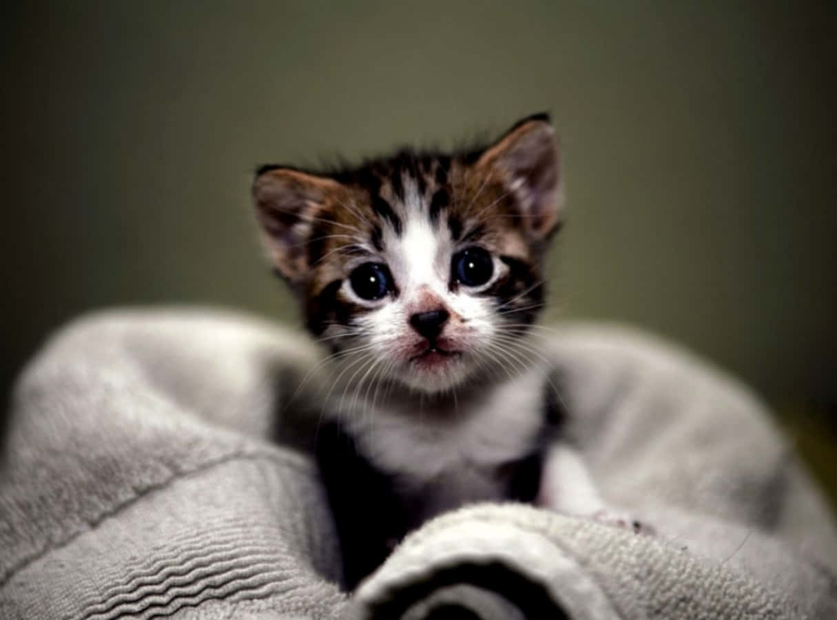 baby cat 桌布 壁紙 — 一隻小虎斑貓，睜著大大的好奇眼睛，從柔軟的灰色毯子裡探出頭來。