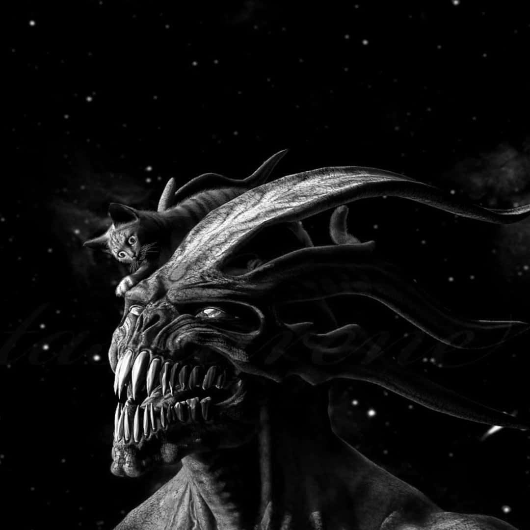 詭異的GIF 桌布 壁紙 — 一隻小貓咪平靜地棲息在一個巨大的惡魔頭骨上，背景是繁星點點的宇宙虛空，呈現鮮明的黑白對比。