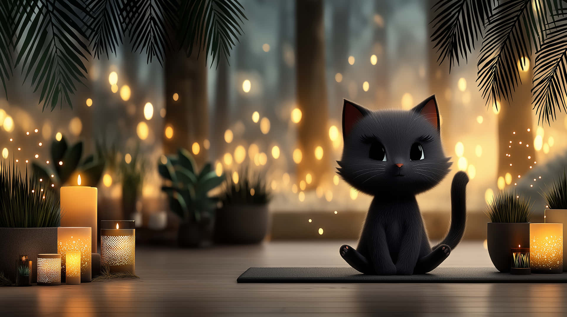 Charming Black Cartoon Cat in Yoga Pose with Bokeh Lights 壁紙 — 一隻小黑貓盤腿坐在墊子上，周圍是發光的蠟燭和熱帶植物，在溫暖的散景照明房間中。
