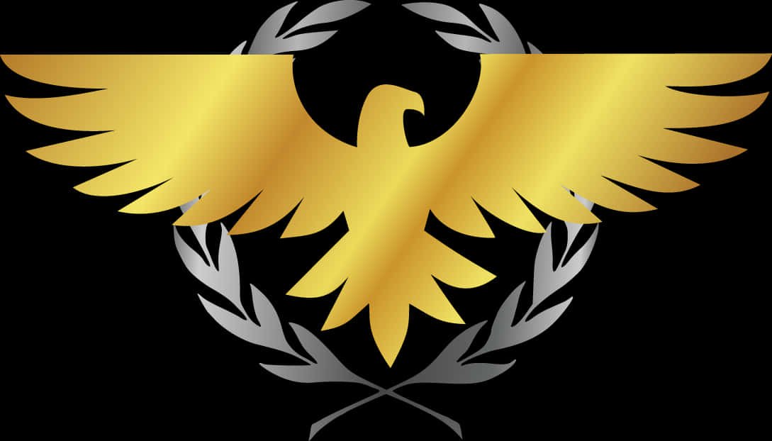 Eagle Logo 桌布 壁紙 — 一隻展翅的金鷹被銀色月桂花環環繞，背景為黑色。