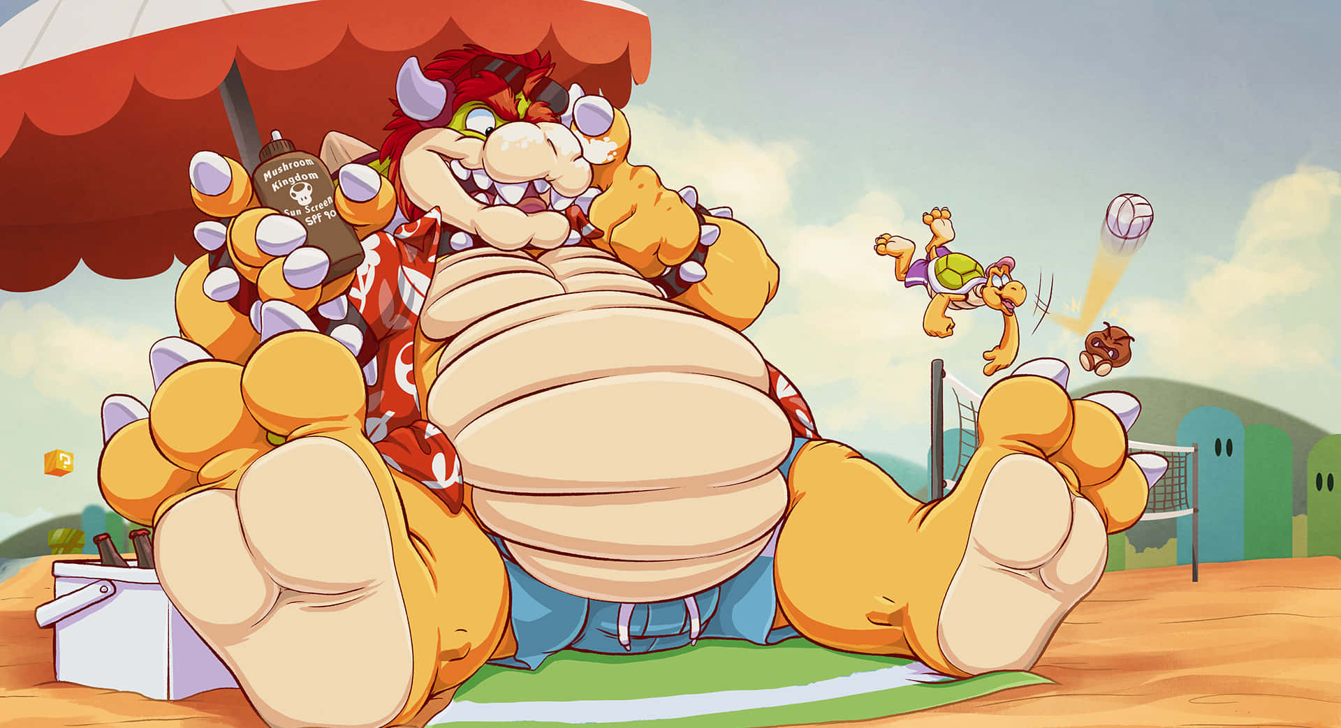 bowser 桌布 壁紙 — 一隻巨型卡通海龜躺在紅色遮陽傘下的沙灘毛巾上休息，而小角色們在附近打排球。