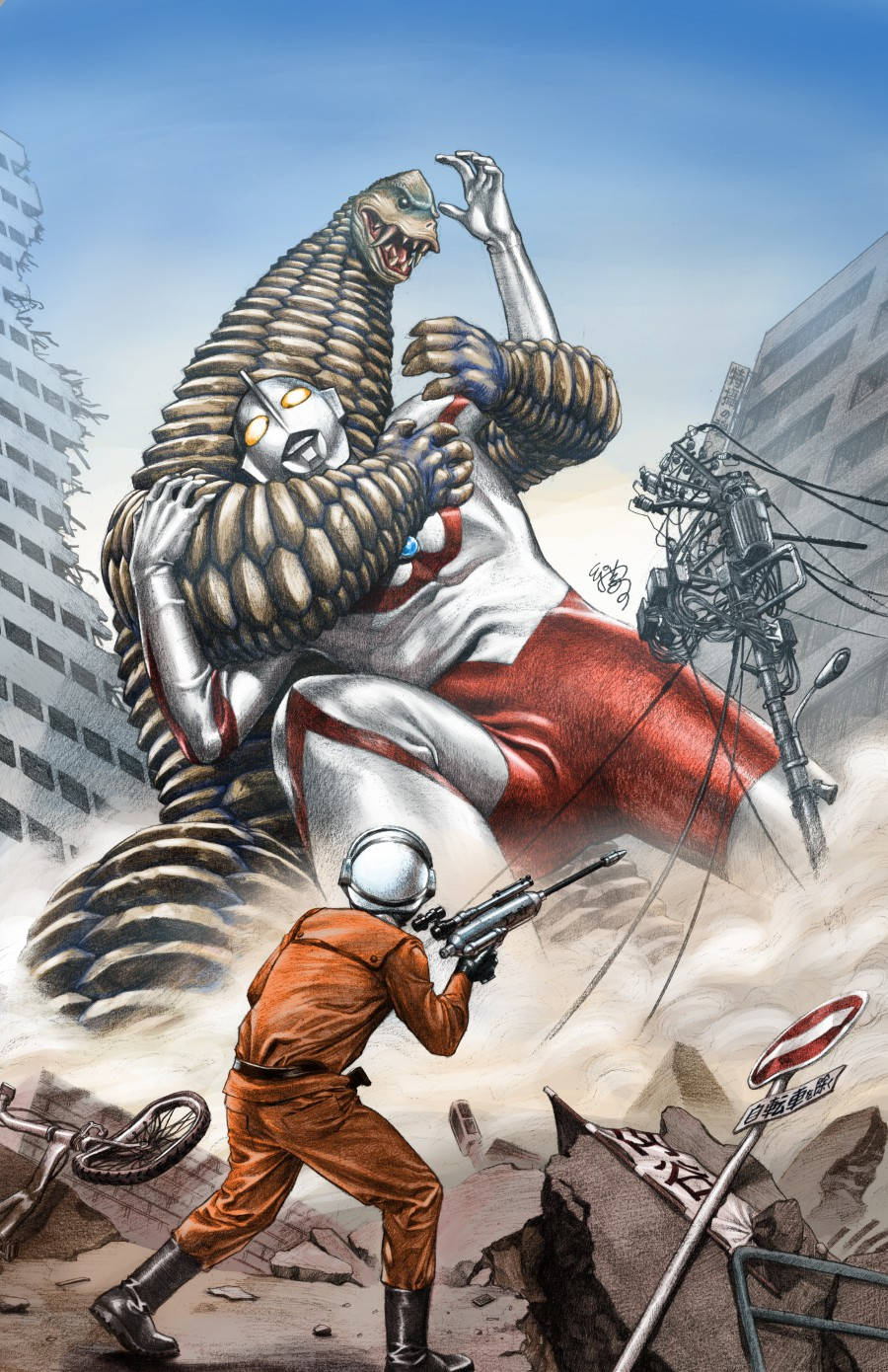 Comics 桌布 壁紙 — 一隻巨型怪物在廢墟城市中抓住一個銀色和紅色的英雄，下面有個士兵開槍。