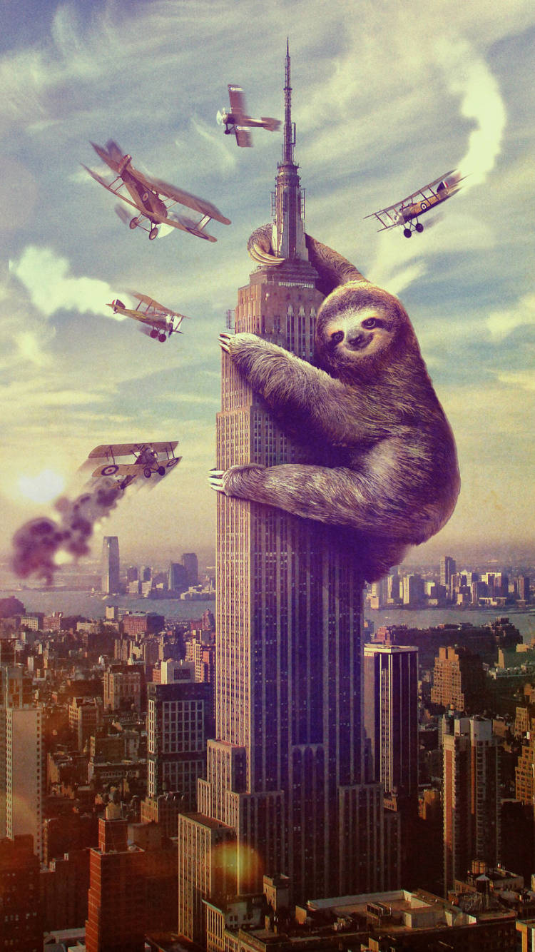 empire 桌布 壁紙 — 一隻巨型樹懶掛在帝國大廈上，而復古雙翼飛機在它周圍飛過，飛越廣闊的城市景觀。
