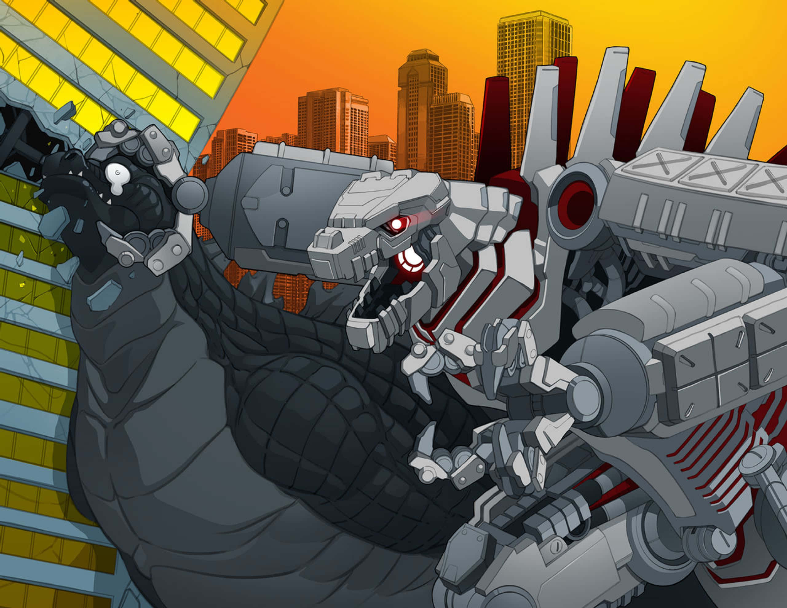 Godzilla Vs Mechagodzilla 桌布 壁紙 — 一隻巨型機械恐龍在日落時分於破碎的城市景觀中與機械怪物戰鬥。