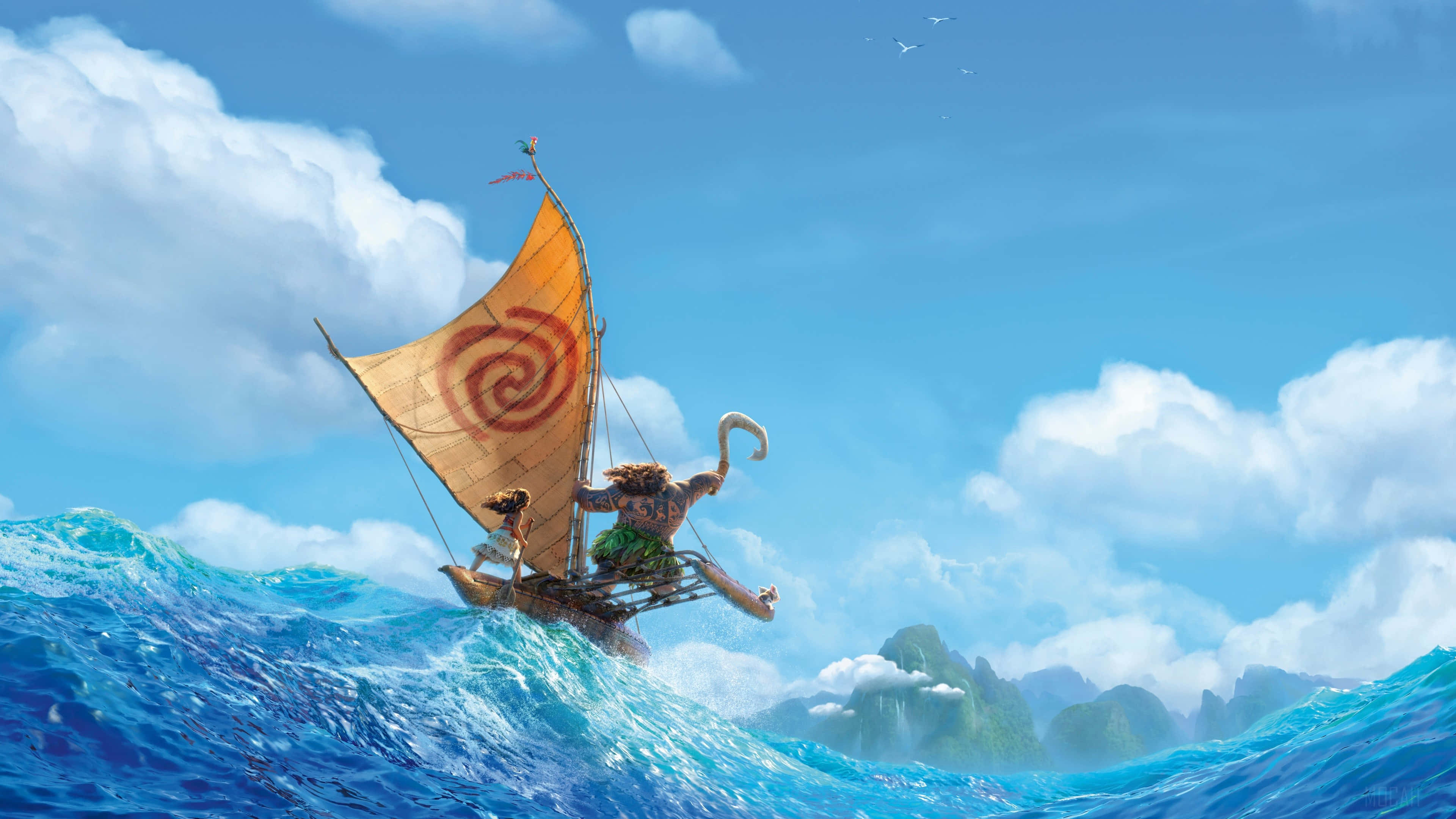 Moana 桌布 壁紙 — 一隻巨型猴子駕駛著帶有螺旋帆的獨木舟，在明亮的藍天下穿過碧綠色的波浪。