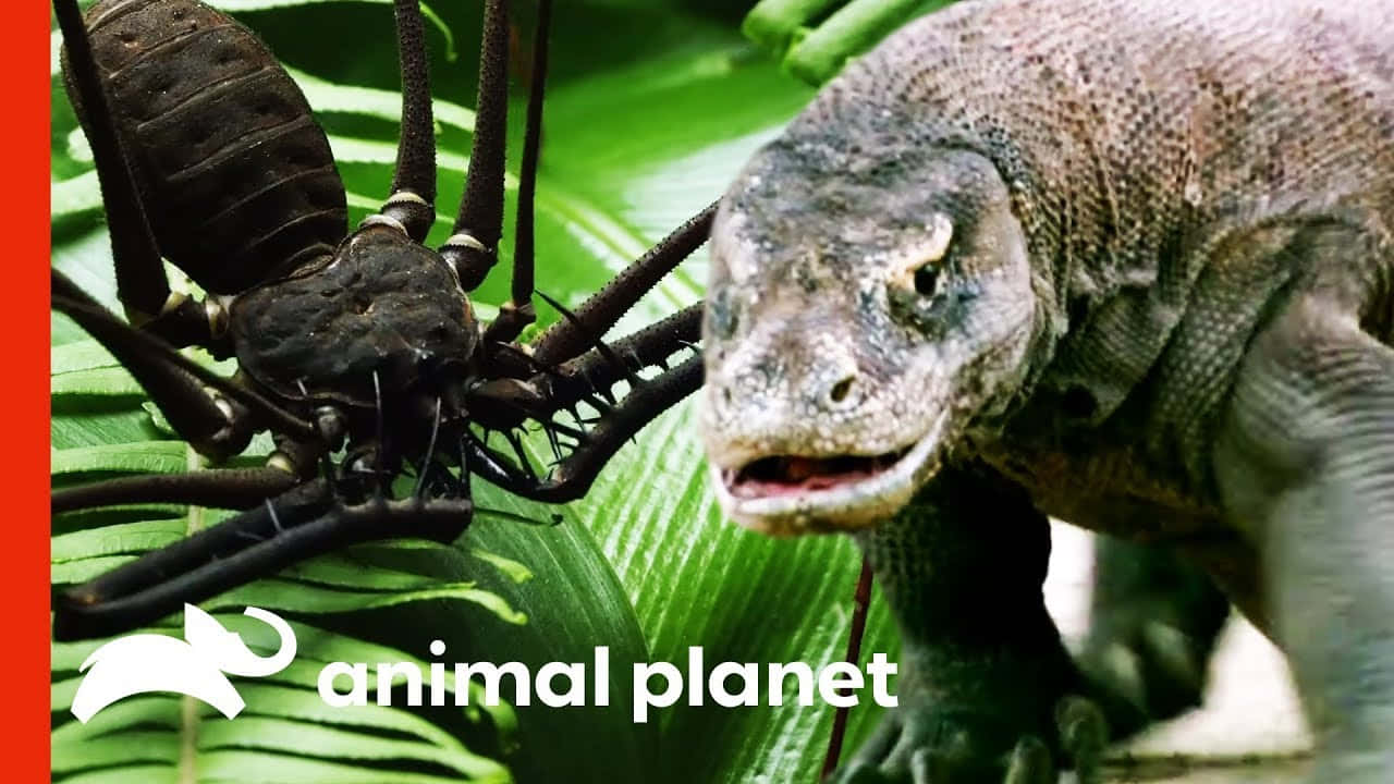 動物星球 桌布 壁紙 — 一隻巨型獵人蛛在茂密的熱帶綠葉中與科莫多龍對峙。