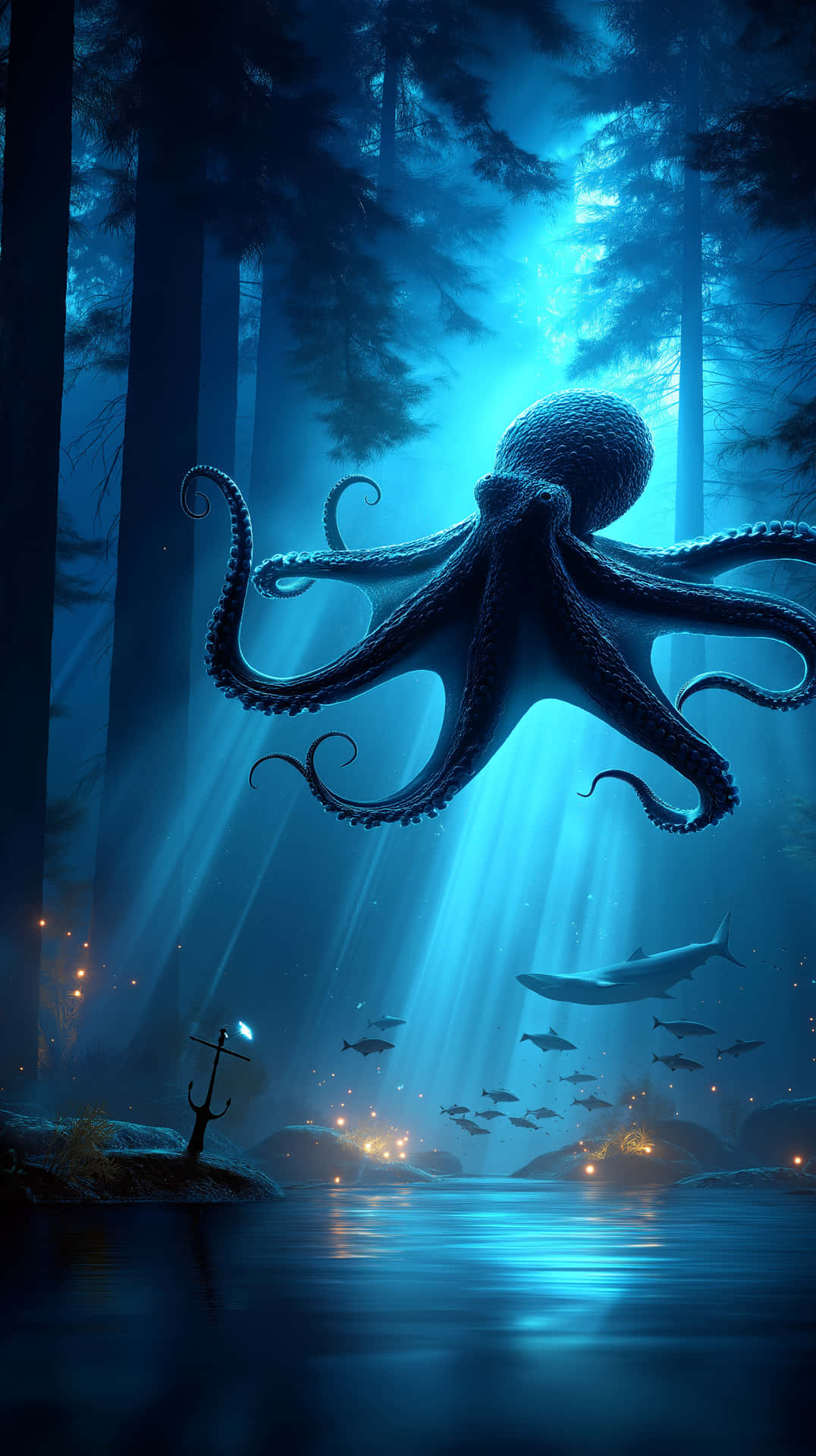 Ethereal underwater forest with glowing octopus and marine life 壁紙 — 一隻巨型章魚在深藍色的水中寧靜地漂浮，下方是高聳的森林樹木，陽光穿透而過。