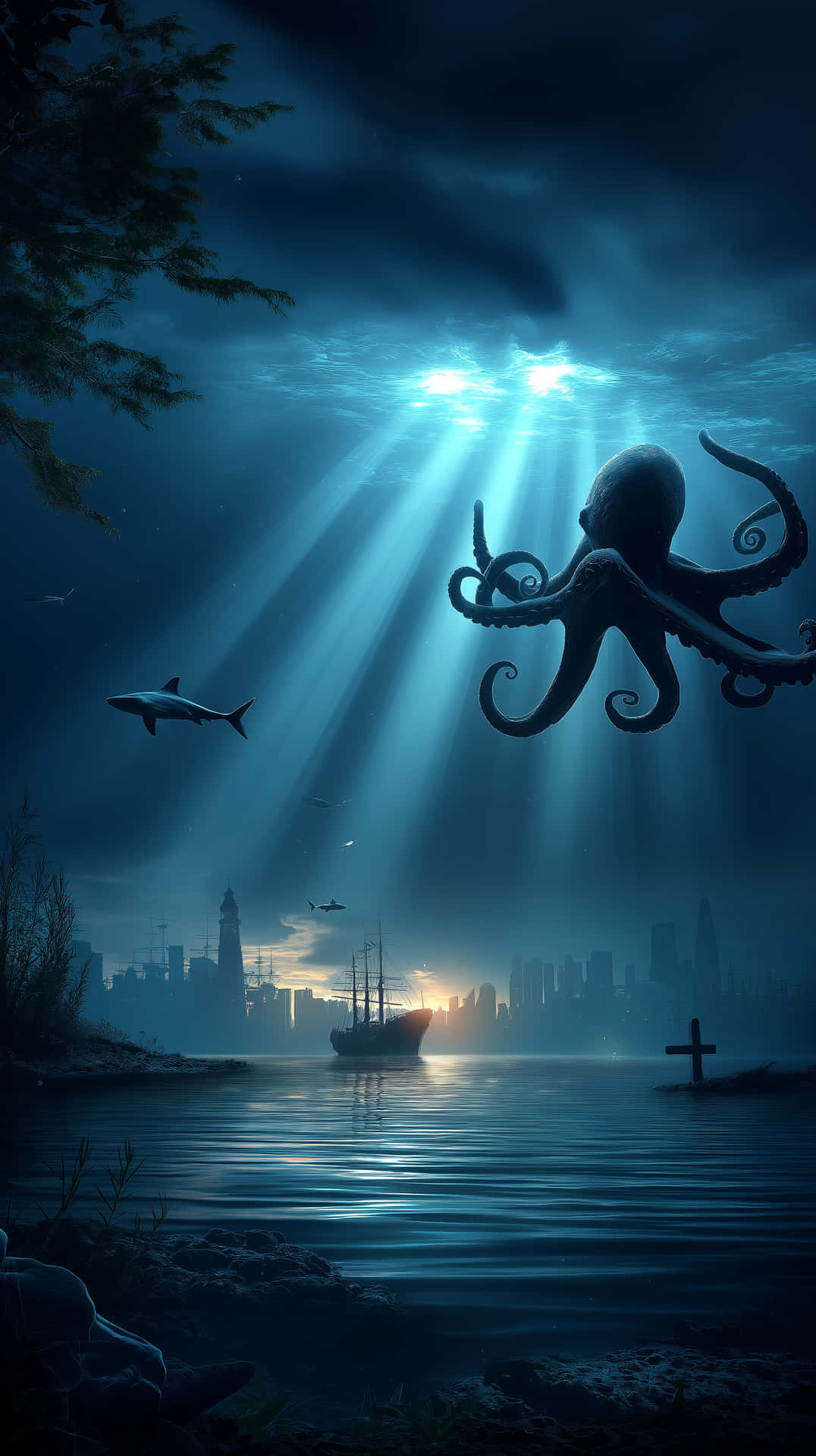 Surreal underwater city with octopus and sailing ship vista 壁紙 — 一隻巨型章魚漂浮在深藍色海洋中，陽光穿透水面，照射在城市天際線和孤獨的船隻上方。