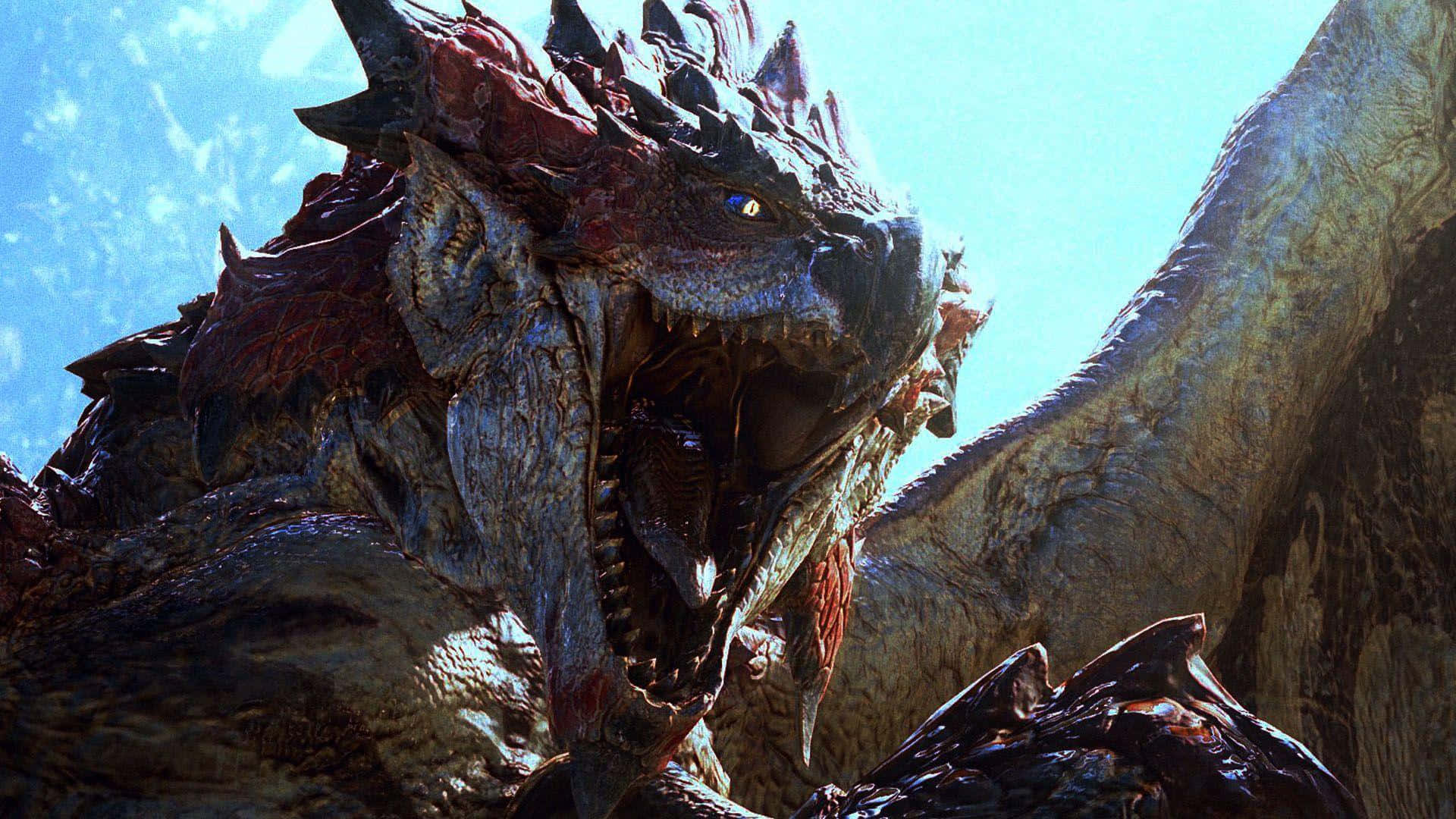 Monster Hunter Monsters 桌布 壁紙 — 一隻巨大、帶有尖刺的龍，閃爍著黃色眼睛，張開大嘴對著明亮的藍天咆哮。