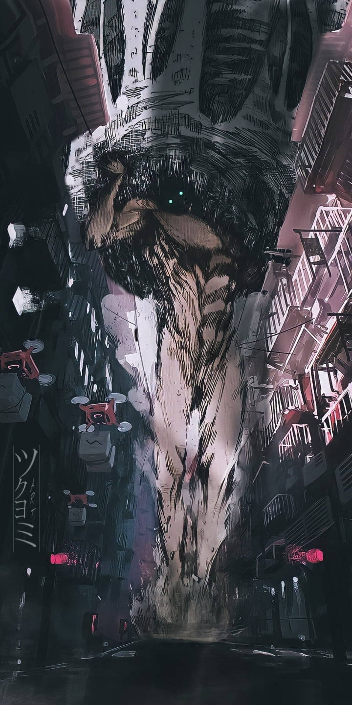 進擊的巨人 桌布 壁紙 — 一隻巨大、有紋理的怪物，眼睛發光，俯瞰著一條狹窄、充滿無人機和霓虹燈的城市小巷。