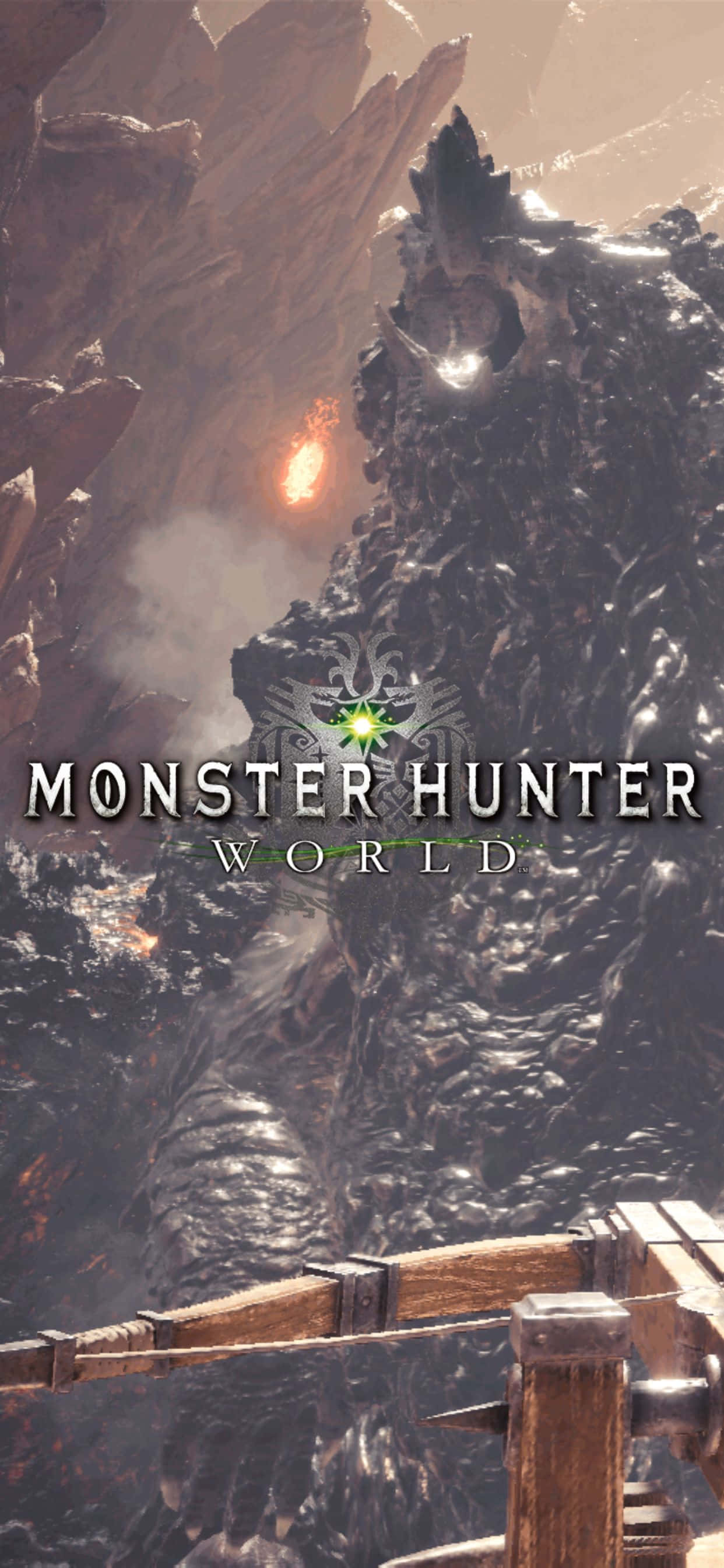 Gaming Banner 桌布 壁紙 — 一隻巨大、深色鱗片的怪物，有著發光的眼睛和火焰般的呼吸，聳立在崎嶇火山景觀中的一座木橋上。