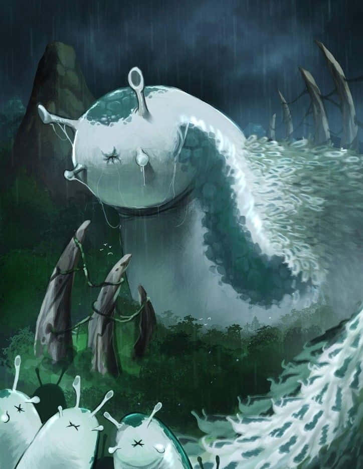 Katsuyu 桌布 壁紙 — 一隻巨大、蒼白、單眼、滴著黏液的蛞蝓，在黑暗的雨林中佔據主導地位，較小的蛞蝓在一旁觀看。