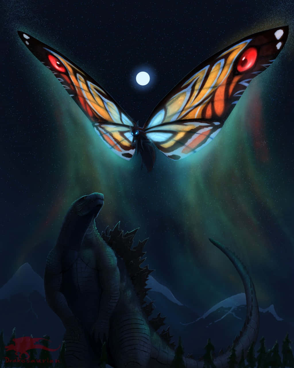 Godzilla Vs Mothra 桌布 壁紙 — 一隻巨大發光、紅眼的蝴蝶在滿月下、繁星點點的夜空背景中，盤旋在哥吉拉上方。