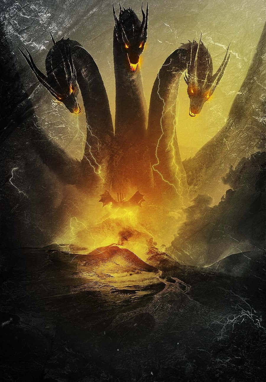 King Ghidorah 桌布 壁紙 — 一隻巨大的三頭龍，擁有發光的橙色眼睛和周圍劈啪作響的閃電，從黑暗風暴景觀中的火山噴發中出現。