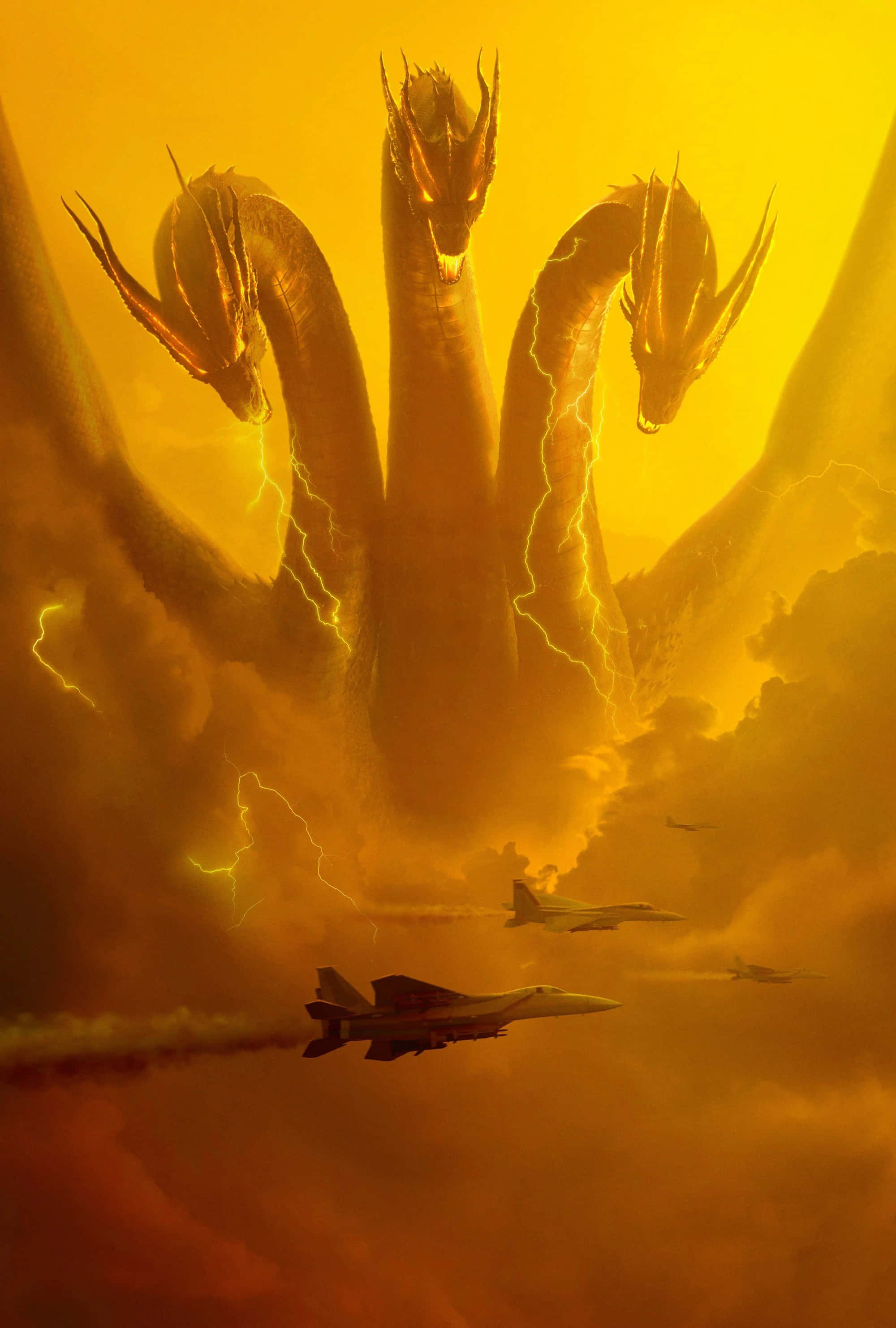 King Ghidorah 桌布 壁紙 — 一隻巨大的三頭龍，身體發出噼啪作響的閃電，主宰著熾熱的橙色天空，戰鬥機在下方飛行。