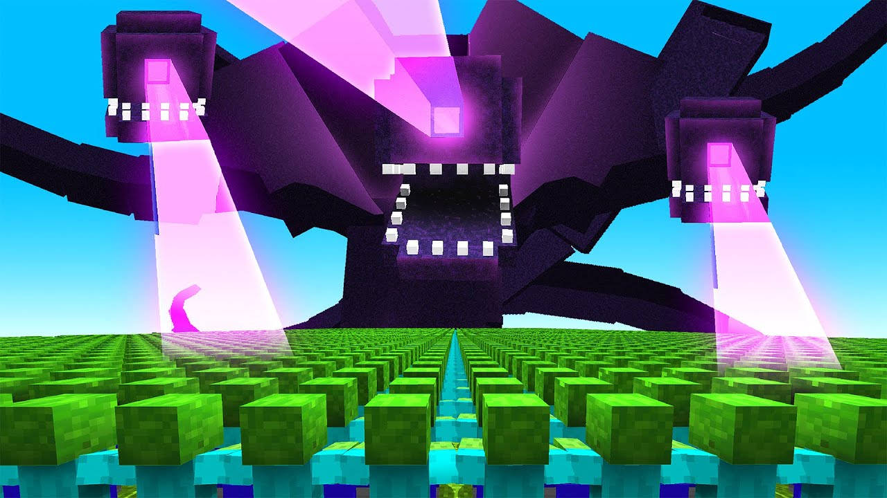 Wither 桌布 壁紙 — 一隻巨大的像素化紫色蜘蛛在明亮的藍天下籠罩著一個綠色方塊場地。