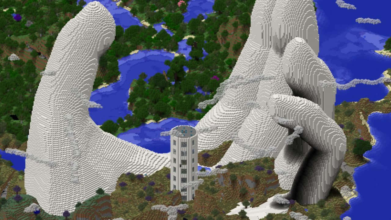 Minecraft Art 桌布 壁紙 — 一隻巨大的像素手從方塊狀的景觀中伸出，握著一座Minecraft風格的小塔。