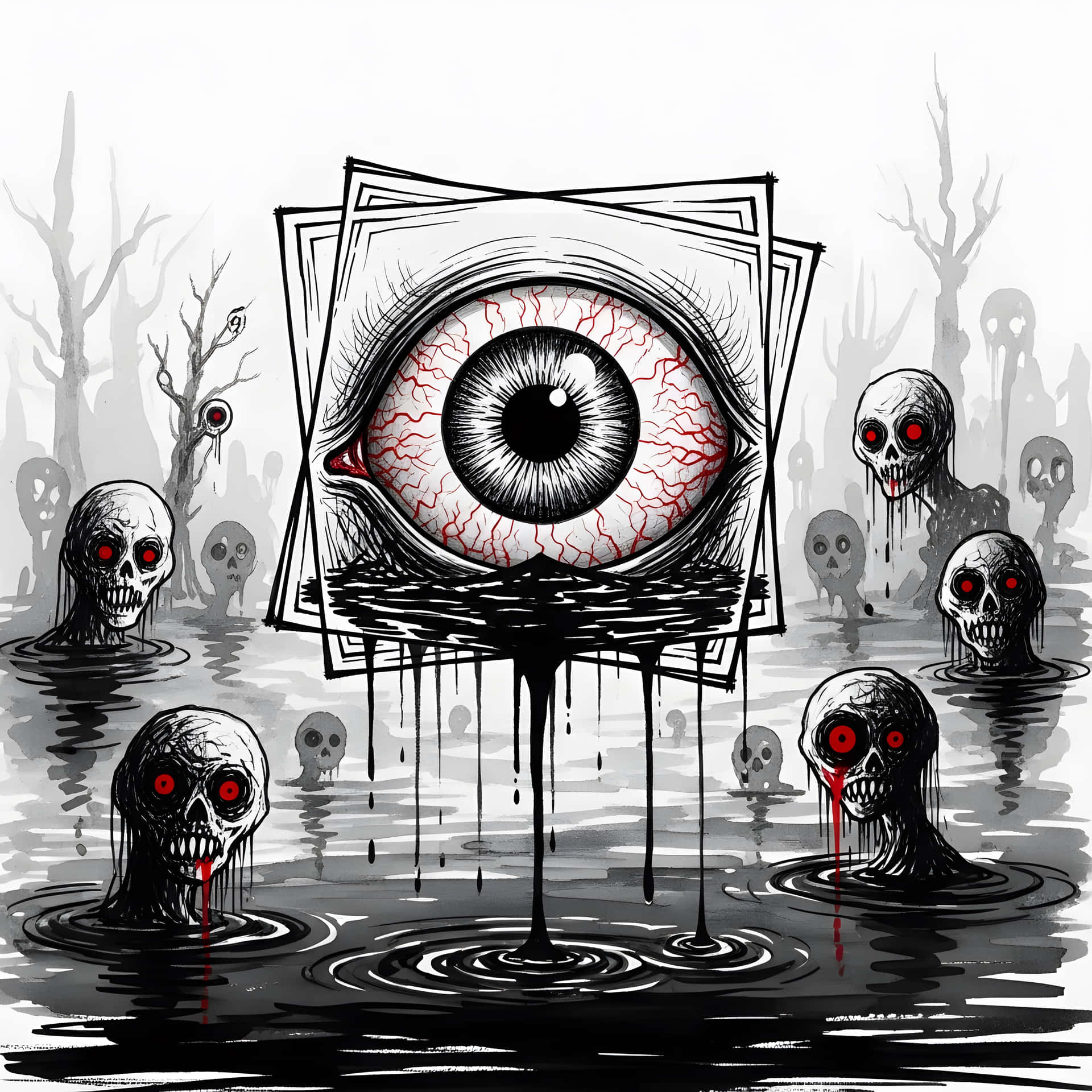 Eye Skulls Horror dark and creepy surreal ink illustration of a giant eye watching over a swamp 壁紙 — 一隻巨大的充血眼睛滴下黑色液體到渾濁的水中，水底有發著紅光的骷髏形狀浮現。