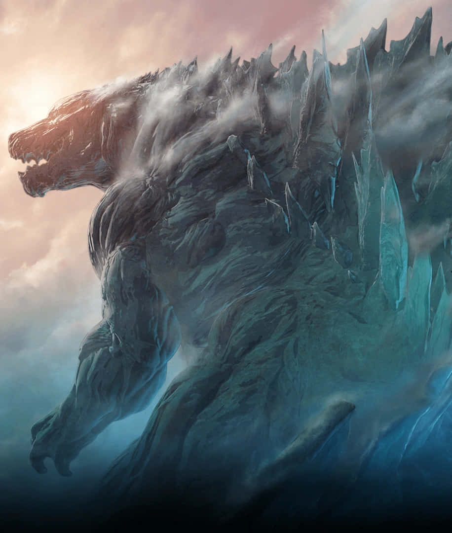 Godzilla Earth 桌布 壁紙 — 一隻巨大的冰封哥吉拉從波濤洶湧的海水中升起，背景是絢麗的日落天空。