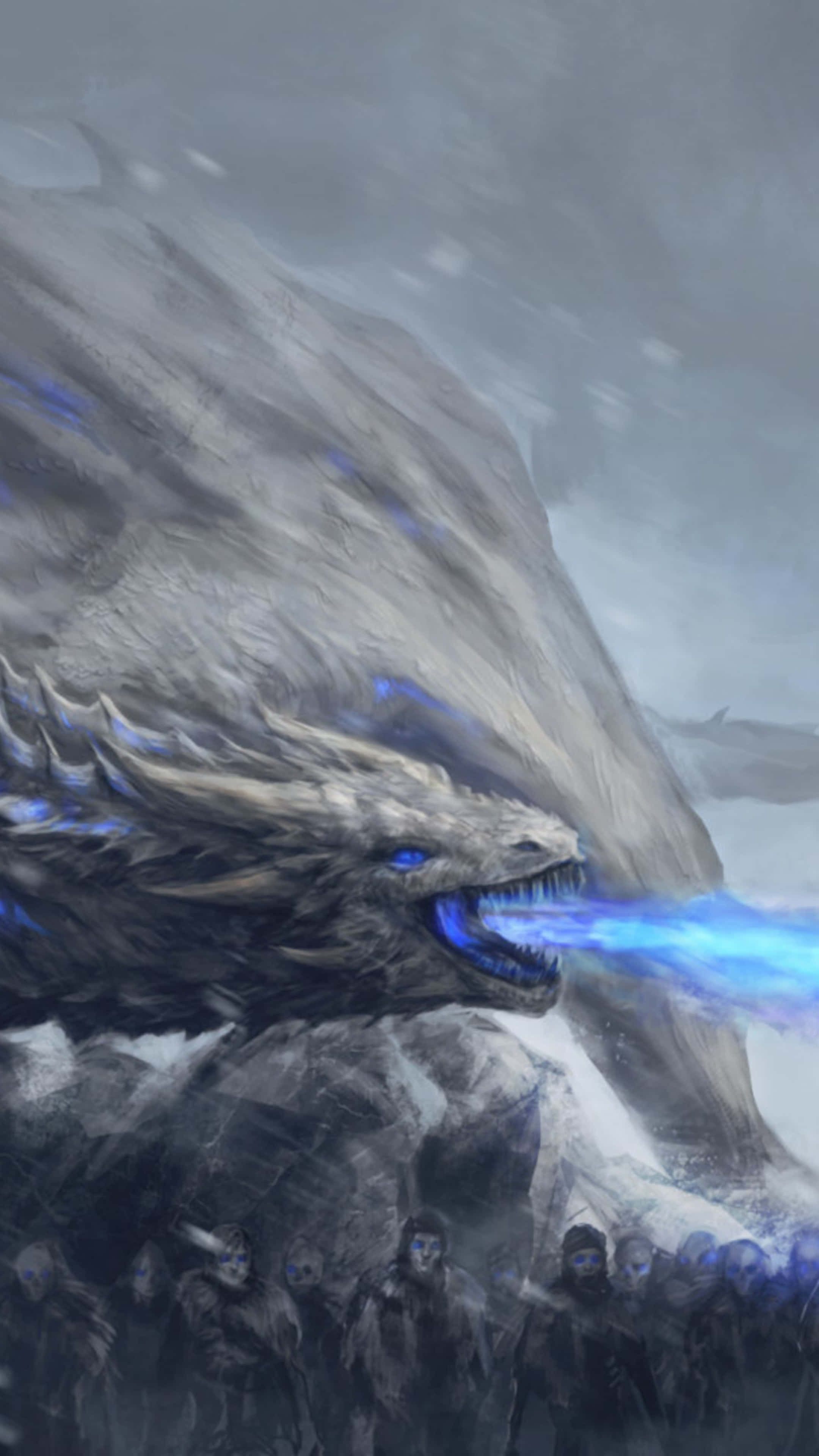Game Of Thrones iPhone 桌布 壁紙 — 一隻巨大的冰龍在雪地戰場上噴出藍色火焰，而身穿盔甲的戰士們在下方敬畏地站立。