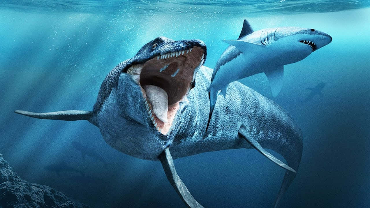 Underwater Scary Ocean 桌布 壁紙 — 一隻巨大的史前海怪張開下顎，在深藍色海洋中面對現代的大白鯊。