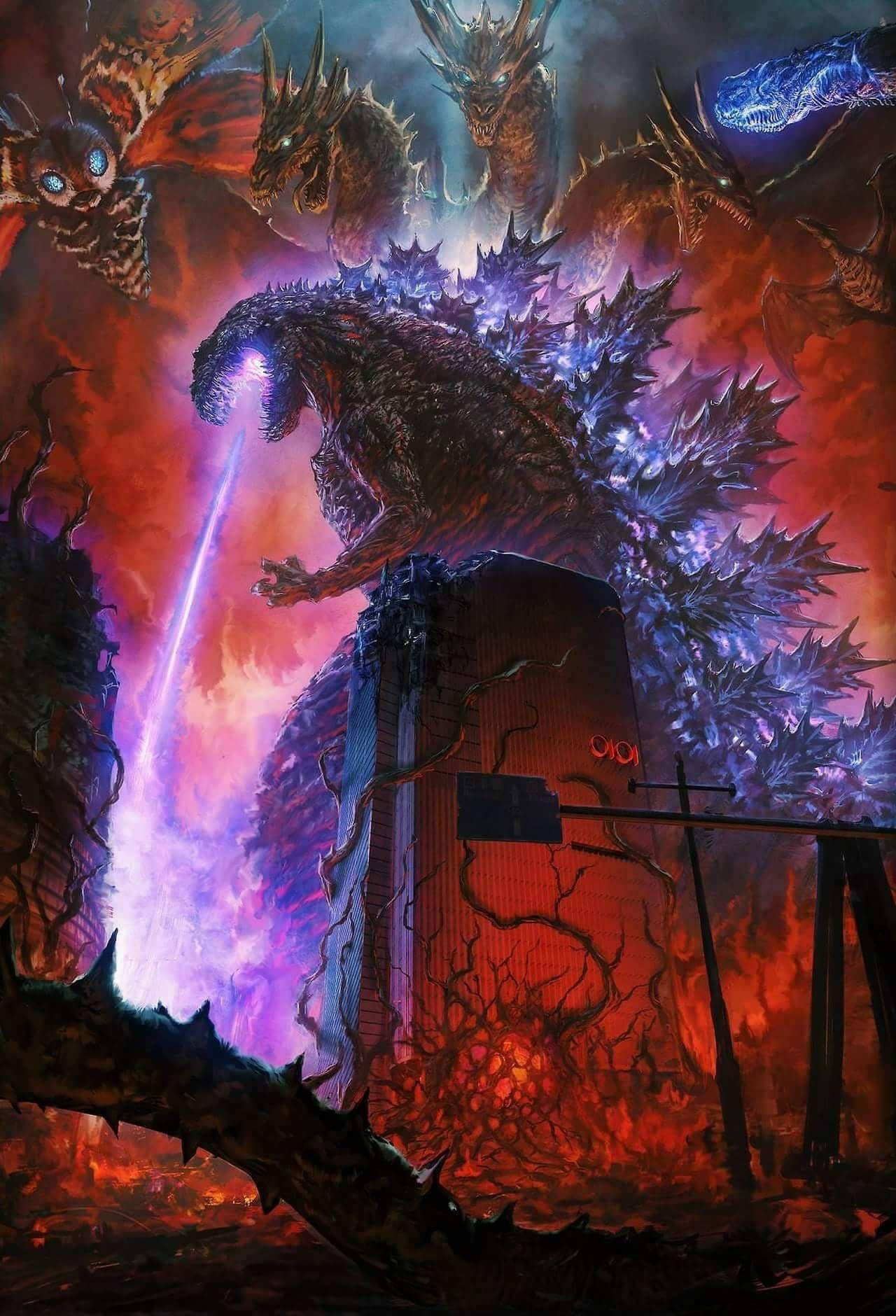 shin godzilla 桌布 壁紙 — 一隻巨大的哥吉拉，背鰭發出紫色光芒，向火紅的天空發射光束，惡魔般的生物圍繞著破碎的城市景觀蜂擁而至。