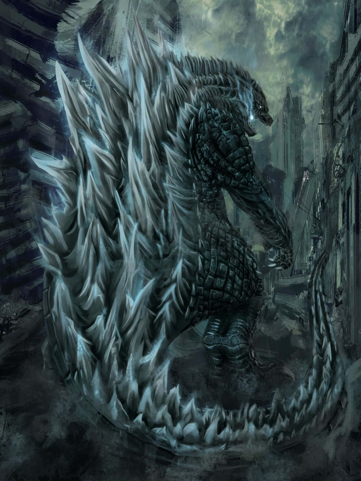 Godzilla Art 桌布 壁紙 — 一隻巨大的哥吉拉，身上有鋸齒狀的冰覆蓋的尖刺，站在暴風雨天空下的廢墟城市景觀中。