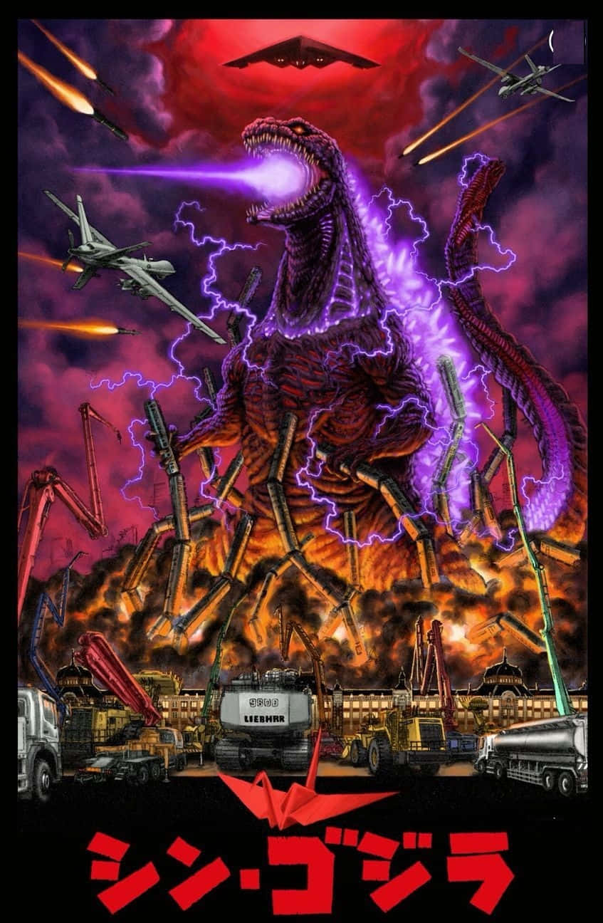 Classic Godzilla 桌布 壁紙 — 一隻巨大的哥吉拉，身體周圍有紫色閃電劈啪作響，向戰鬥機和工程車輛發射光束，背景是燃燒中的末日城市景觀。