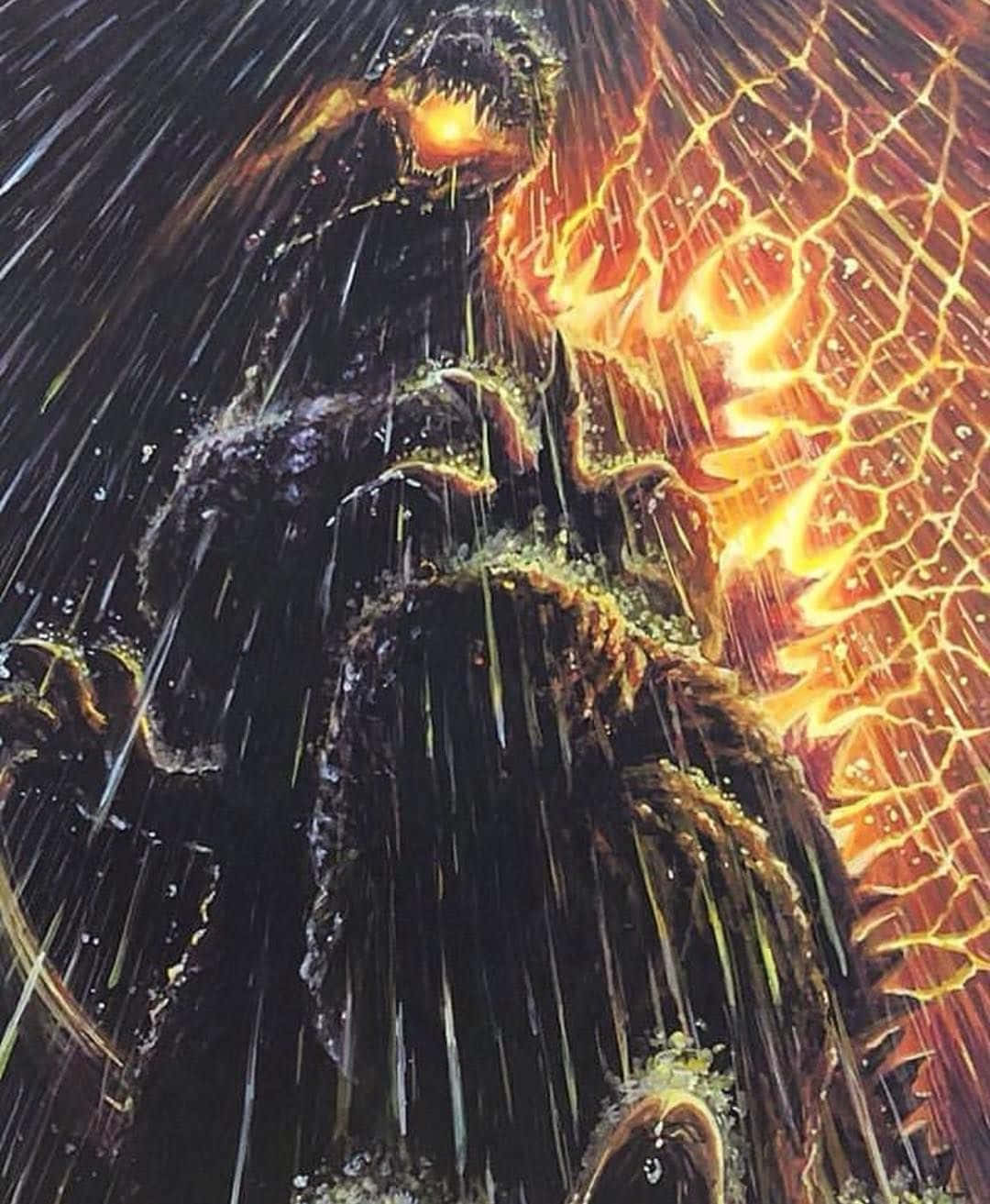 Godzilla 2000 桌布 壁紙 — 一隻巨大的哥吉拉在傾盆大雨中咆哮，背脊上燃燒的橙色能量劈啪作響，映襯著黑暗的暴風雨天空。