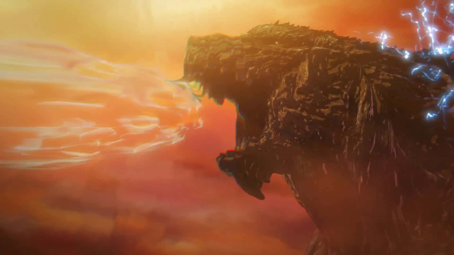 Godzilla Earth 桌布 壁紙 — 一隻巨大的哥吉拉在咆哮，對著火紅色的天空噴火，藍色電光沿著牠的背部劈啪作響。