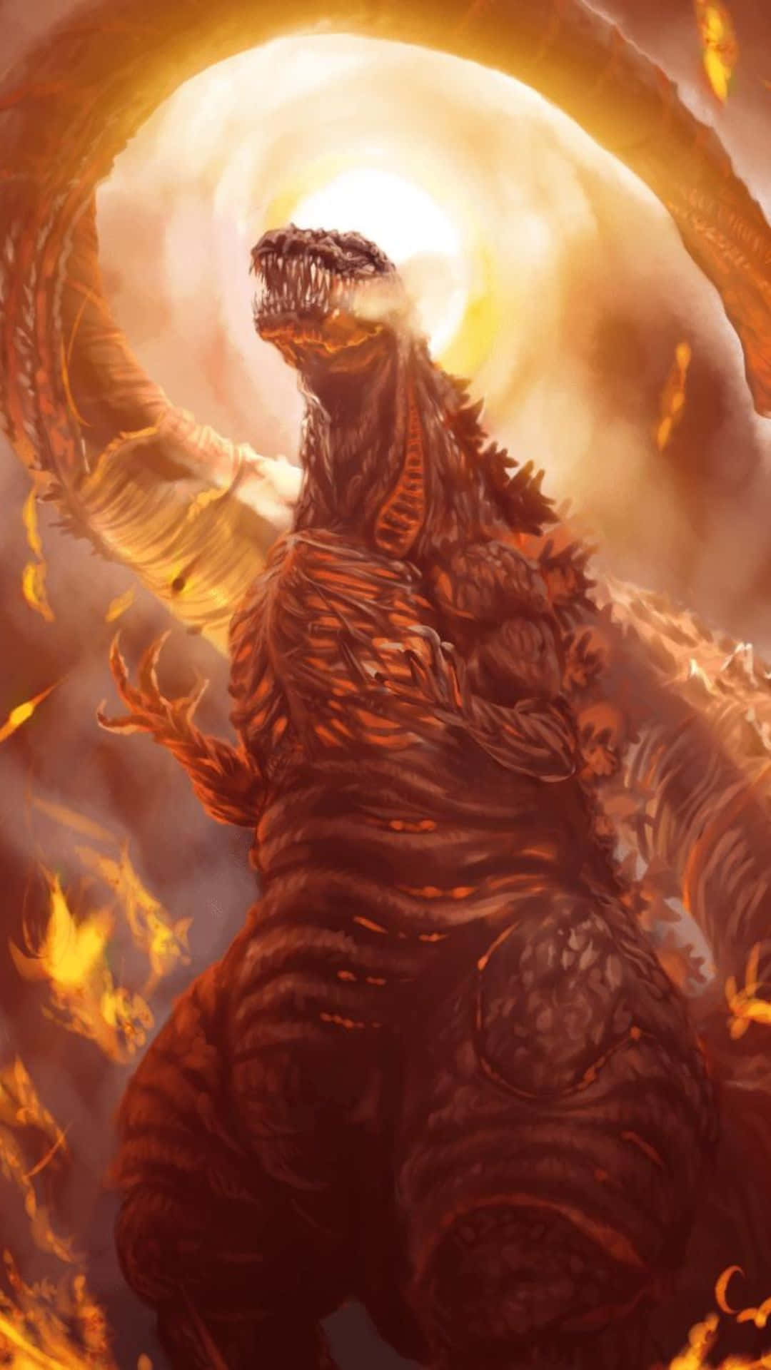 Godzilla 2000 桌布 壁紙 — 一隻巨大的哥吉拉在旋轉的火焰和煙霧中挑釁地站立，身後有一輪發光的太陽，頭部抬起。