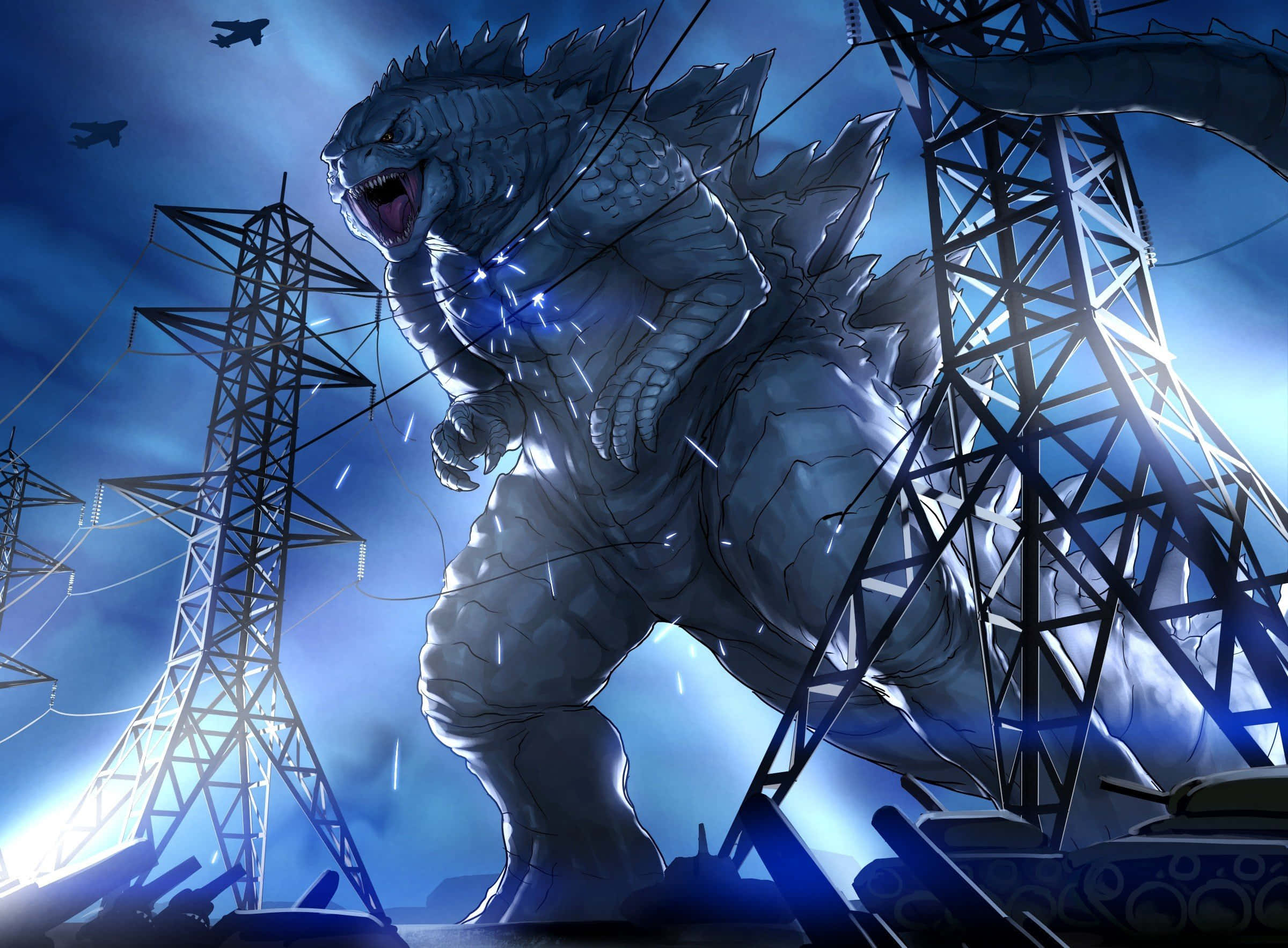 godzilla 1998 桌布 壁紙 — 一隻巨大的哥吉拉在暴風雨藍天下，於破碎的電線和塔架中咆哮，戰鬥機在頭頂飛過。